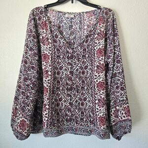 Faherty Women's Medium 100% Silk Boho Flowy VNeck Blouse Top Coastal Lightweight